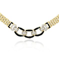 Metal type: 14k yellow gold Buckle style links with round brilliant cut diamonds (1ct total) Prong setting Diamond quality: HISI-I1 Black onyx inlay Chain style: panther link  Tongue and box clasp with figure "8" safety Length: 16 inches Smyth SKU: 43367747 Luxury Black Chain Link Necklace, Luxury Black Enamel Necklaces For Evening, Luxury Elegant Necklace With Black Enamel, Luxury Black Diamond Necklaces, Luxury Yellow Gold Necklaces With Brooch Detail, Pearl Jewels, Figure 8, Box Clasp, Link Necklace