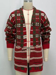 Indulge in the cozy comfort of our Long Plaid Knitted Men Cardigan Sweater from LeStyleParfait . This stylish men cardigan sweater features a classic plaid design, a flattering V-neckline, and long sleeves for a sophisticated and casual look. Made from high-quality polyester, this sweater is perfect for the fall season. Elevate your wardrobe with our must-have men's cardigan. This cardigan is crafted with high-quality 100% polyester material, featuring a classic stripe pattern and a slight elast Red Knit Sweater Coat For Winter, Casual Red Winter Cardigan, Red Knitted Sweater Coat For Winter, Casual Red Knitted Sweater Coat, Winter Plaid Knit Sweater, Plaid Long Sleeve Winter Sweater, Oversized Plaid Sweater For Winter, Casual Red Cardigan For Cold Weather, Casual Red Knit Outerwear