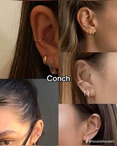 four pictures of different types of ear piercings with the words conch on them