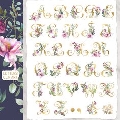 the letters and numbers with flowers on them are shown in gold, white, and pink