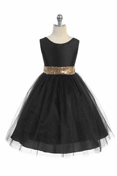 Kids Dream 498 Black Dupioni Tulle Dress w/ Gold Sequins V-Back &Bow Sleeveless Tulle Tutu Dress For Holiday, Holiday Sleeveless Tulle Tutu Dress, Sleeveless Holiday Tulle Tutu Dress, Sleeveless Sequin Dress With Glitter Tulle, Sleeveless Tulle Sequin Dress For Party Season, Sleeveless Sequin Tulle Dress For Party Season, Glamorous Tulle Sequin Dress With Contrast Sequin, Party Sequin Dress With Contrast Sequin On Tulle, Party Sequin Tulle Dress With Contrast Sequin