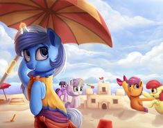 an image of a group of little ponys playing in the sand with their umbrella