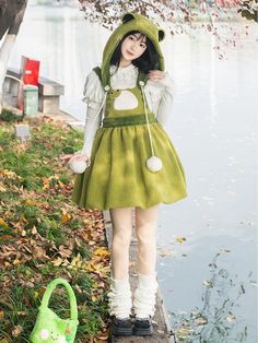 Little Frog Green Bubble Skirt Fleece Winter Lolita Overall Dress Frog Dress, Frog Costume, Green Bubble, Kawaii Dress, Bubble Skirt, Drawing Stuff, Poses References, Sweet Lolita, Really Cute Outfits