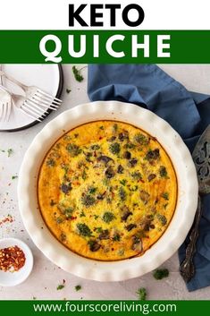 the keto quiche is ready to be eaten with broccoli and other toppings