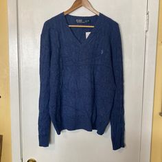 Brand New With Tags! Blue Knit V-neck Long Sleeve Sweater, Casual Blue V-neck Sweater For Winter, Classic Blue Knit Polo Sweater, Blue Cotton V-neck Sweater For Winter, Casual Navy V-neck Sweater For Fall, Blue Cable Knit V-neck Cardigan, Blue V-neck Cardigan, Classic Blue Polo Sweater For Fall, Classic Blue Polo Sweater