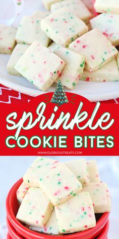 sprinkle cookie bites in a red bowl and on a white plate with the words sprinkle cookies