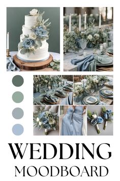 wedding mood board with blue flowers and greenery on the top, white cake in the middle