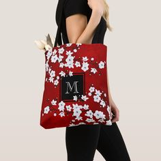 Asia Floral Red White Cherry Blossom Monogram Tote Bag Size: Medium. Color: Shoulder Tote. Gender: unisex. Age Group: adult. Red Cherry Blossom, Royal Stewart Tartan, White Cherry Blossom, Floral Tote Bag, Monogrammed Gifts, Bag Flower, Monogram Tote Bags, White Cherries, Black Gifts