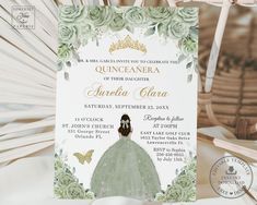 an image of a wedding card with flowers and a princess in green dress on it