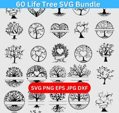 the tree svg bundle is shown in black and white, with different types of trees