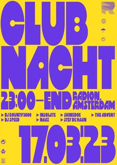 a poster with the words club nacht in purple and yellow