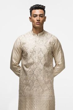 Shop for Asuka Beige Geometric Embroidered Chanderi Silk Kurta Set for Men Online at Aza Fashions Silk Kurta Set, Kurta Set For Men, Geometric Embroidery, Silk Kurta, Pattern Embroidery, Silk Embroidery, Kurta Set, Mandarin Collar, Aza Fashion