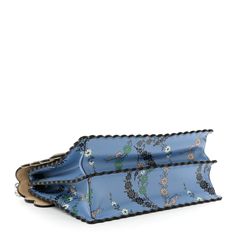 This is an authentic FENDI Vitello Liberty Japanese Blossom Scalloped Studded Grommet Kan I Shoulder Bag in Nebula and Multicolor. This chic top handle bag is crafted of calfskin leather in blue and features a multicolored floral pattern. The bag features contrasting scalloped edges, a detachable leather top handle, a silver chain shoulder strap, and a front flap with a double plexiglass stud closure. This opens to a partitioned beige suede interior. Fendi Crossbody Bag, Pokemon Fabric, Japanese Blossom, Fendi Shoulder Bag, Monster Eyes, Chic Top, Phone Pouch, Scalloped Edges, Handle Bag