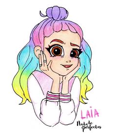 a drawing of a girl with pink hair and big eyes holding her hand up to her face