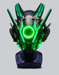 a futuristic helmet with green lights on it