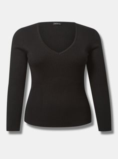 FIT Model is 5'9” wearing size 1. . Measures 26” from shoulder (size 2). Pullover silhouette. . MATERIALS + CARE Sweater yarn knit fabric. 70% rayon, 30% nylon. Machine wash cold. Line dry. . Imported. DETAILS Deep V-neck. Long sleeves. The best plus size women's fitted pullover sweater sweaters in deep black made of sexyyarn. Torrid is your destination for the freshest spring and summer styles. Deep Black, Lowercase A, Knitting Yarn, Lower Case Letters, Deep V Neck, Pullover Sweater, Pullover Sweaters, Sweater Top, Knit Fabric