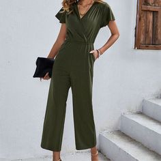 Women's Jumpsuit V-Neck Fashionable Jumpsuit Outfits Casual V-neck Stretch Jumpsuits And Rompers, Stretch V-neck Jumpsuits And Rompers For Loungewear, Chic Solid Color V-neck Bodysuit, Green V-neck Jumpsuit For Loungewear, Casual V-neck Bodysuit For Spring, Green V-neck Jumpsuit For Work, Casual V-neck Jumpsuits And Rompers In Solid Color, Green Stretch Jumpsuits And Rompers For Workwear, Stretch Solid Color V-neck Jumpsuits And Rompers