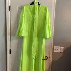 Medium, New, With Belt Tie Separately Neon Dress. Long Spring Dresses For Night Out, Long Dresses For Night Out In Spring, Long Dresses For Spring Night Out, Green Long Maxi Dress For Spring, Lace Burgundy Dress, Red Black Dress, Neon Dresses, Puff Dress, Women Long Sleeve Dress