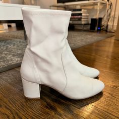 Slightly Worn Stuart Weitzman Yuliana Booties, Color Is White, Size 7. Comes With Sw Dust Bag! Very Comfy And Cute Shoes, I Just Don’t Wear Them Enough To Keep :/ They Look Wrinkly But Are Fine Once On Your Feet Or Can Be Steamed! Elegant Booties With Stacked Low Heel, Elegant Low Heel Booties With Stacked Heel, Elegant Low Heel Medium Width Booties, Elegant Ankle-high Booties For Spring, Elegant Low Heel Booties, Elegant Spring Fitted Booties, Chic Booties With Padded Heel And Medium Width, Chic Medium Width Booties With Padded Heel, Elegant Booties With Stacked Heel