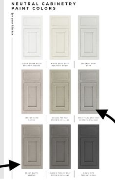 the color chart for neutral cabinetry with different colors and sizes, including grays, white