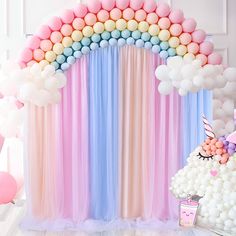 a unicorn themed birthday party with balloons and decorations