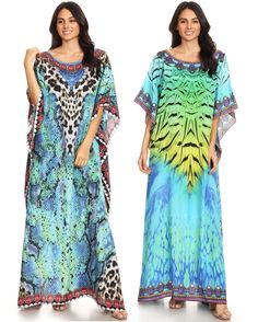 This lovely kaftan dress features a boat-neck and generous sleeve  openings. Also, nicely placed rhinestones around the neckline. This  garment is perfect for all body shapes, made with lightweight soft  opaque crepe fabric and colorful print. Printed Floor-length Maxi Dress For Festivals, Printed Flowy Maxi-length Cover-up, Flowy Printed Maxi Length Cover-up, Blue Maxi Dresses With Digital Print, Blue Maxi Dress With Digital Print, Flowy Digital Print Maxi Dress, Beach Season Patterned Printed Maxi Dress, Flowy Maxi Dress With Digital Print, Multicolor Floor-length Dress With Digital Print