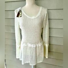 Beautiful, Feminine, Classy Sweater/Minidress. Very Cute Sweater, Offers Stretch. Fitted Long Sleeve Sweater With Lace Trim, Fitted Fall Sweater With Crochet Trim, Fitted Sweater With Crochet Trim For Fall, Fitted Sweater With Crochet Trim, Embellished Fitted Sweater For Spring, Chic Embellished Spring Sweater, Classy Sweater, Green Turtleneck Sweater, Holiday Knits