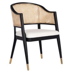 a black and white chair with wicker back