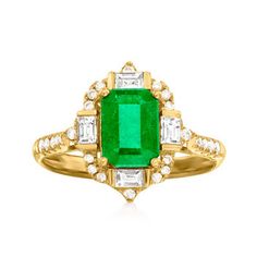 Ross-Simons - 1.20ct Emerald, .48ct t. w. Diamond Ring in 18kt Yellow Gold. Size 6. This regal ring will instantly put you in a more elevated state of mind. Beckoning a verdant hue, the 1.20 carat emerald centerpiece is showcased inside an impressive halo of .48 ct. t. w. baguette and round brilliant-cut diamonds that also stud the sleek band. Crafted in 18kt yellow gold. 1/2" wide. Diamond and emerald ring. Emerald birthstones are the perfect gift for May birthdays. May Birthdays, Diamond And Emerald Ring, Emerald Birthstone, Emerald And Diamond Ring, Pretty Wedding Dresses, Ring Emerald, Fine Jewelery, Pretty Wedding, Emerald Ring