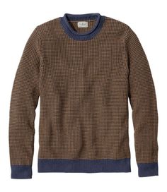 Made of 100% organic cotton, our heaviest-weight cotton sweater has a rugged waffle knit for incredible texture. Traditional Fit: Relaxed through the chest, sleeve and waist. 100% organic cotton. Machine wash, dry flat. Thick waffle-stitch knit adds rugged texture. Ribbed rolled neckline, cuffs and hem. Imported. | Men's Organic Cotton Waffle Sweater, Rollneck Crew, Stripe Brown Cotton Ribbed Sweater, Cotton Waffle Knit Sweater With Relaxed Fit, Cotton Waffle Knit Sweater For Layering, Ll Bean Sweater, Waffle Sweater, Waffle Stitch, Men's Sweaters, Solid Sweaters, Comfortable Sweater