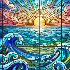 a stained glass window with waves and sun in the background