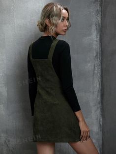 Style:Casual \nWaist Line:High Waist \nType:Pinafore \nDetails:Pocket \nDetails:Ring \nHem Shaped:Straight \nNeckline:Straps \nDetails:Zipper \nColor:Army Green \nPattern Type:Plain \nSleeve Length:Sleeveless \nFit Type:Regular Fit \nLength:Short \nMaterial:Corduroy \nComposition:100% Polyester \nCare Instructions:Machine wash or professional dry clean \nSheer:No \nFabric:Non-Stretch \n Corduroy Overall, Corduroy Overall Dress, Girls Dress Sewing Patterns, Ruffle Hem Dress, Leather Dresses, Dress For Short Women, Black Cocktail Dress, Overall Dress, Type A