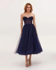 Navy Strapless Puffy Midi Tulle Dress ➤➤ Milla Dresses - USA, Worldwide delivery Evening Tulle Bodice, Evening Strapless Dress With Boned Bodice And Tulle, Sweetheart Neckline Corset Dress With Boned Bodice For Gala, Strapless Tulle Dress With Fitted Bodice For Gala, Tulle Bodice With Sweetheart Neckline For Party, Cocktail Evening Dress With Lined Bodice And Tulle, Gala Strapless Tulle Dress With Ruched Bodice, Cocktail Evening Dress With Lined Bodice In Tulle, Strapless Sheer Bodice For Evening