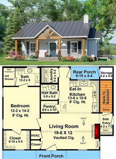 the floor plan for a small house with an attached porch and living room on one side