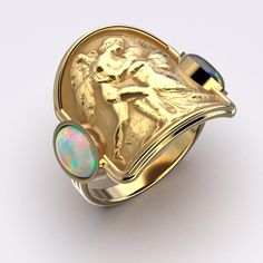 Indulge in luxury with the Love And Psyche Gold Ring. Crafted in ancient style from 14k or 18k solid gold, this Italian-made ring features two natural welo opals that add a touch of elegance and sophistication. Perfect for those with refined taste. 18mm wide on the top, 4,2 mm wide on the bottom side 14k or 18k Gold 0.5 Ct Welo Opal - Dimensions (mm) 7 x 5 x 2,5mm 0.5 Ct Smoked Welo Opal - Dimensions (mm) 7 x 5 x 2,5mm