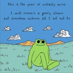 a green frog sitting on top of a grass covered field next to a sky filled with clouds