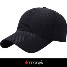 a black hat with white dots on the front and side, which reads macy's