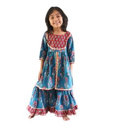 Beautiful pure cotton ethnic wear for girls. Available from sizes 6mths to 10 years. These dresses have gotta patti work . Festive Cotton Dress With Gota Work, Bohemian Blue Cotton Anarkali Set, Cotton Frock For Festive Occasions, Festive Cotton Block Print Salwar Kameez, Festive Cotton Sharara With Printed Motifs, Festive Cotton Salwar Kameez With Block Print, Cotton Sharara With Printed Motifs For Eid, Festive Cotton Block Print Sharara, Cotton Block Print Sharara For Festivals