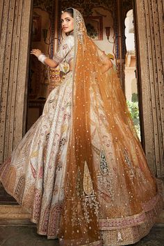 Buy Ivory Silk Embroidered Gota Plunge V Neck The Udaivan Bridal Lehenga Set For Women by MATSYA Online at Aza Fashions. Old India, Silk Veil, Blouse Yoke, Hem Blouse, Ivory Silk, Silk Lehenga, Bridal Lehenga, Embroidered Silk, Color Ivory