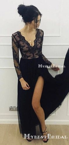 Charming Elegant V Neck Lace Black A Line Long Sleeves Tulle Cheap Pro – mybestbridal Dresses With Split, High Low Prom Dress, 2021 Prom Dresses, High Low Prom Dresses, Modest Prom, Causal Dresses, Prom Dresses Two Piece, Elegant Prom Dresses, Prom Dresses For Sale