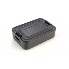 an empty black lunch box on a white background