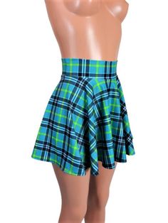 "Please measure yourself to make sure you get the correct length Teal plaid spandex skater skirt 15\" shown on mannequin. High waist skirt can be worn lower or higher most skirts allow you to place the waistline where it suits you on your particular body shape and personal desire! this fun flirty skirt is a full circle design and can be ordered in lengths of 10 inch, 12 inch,13\", 15, 17\" inch and 19 inch- if you need a longer length contact me for a quote. Any of my items can be made in any sp Fitted Plaid Pleated Tennis Skirt, Stretch Short Skirt For School, Stretch Mini Skirt For School, Fitted Lined Mini Skirt For School, Plaid Skirted Skort For School, Fitted School Tennis Skirt, Fitted Skort For School, Fitted Plaid Short Skirt, School Fitted Plaid Mini Skirt