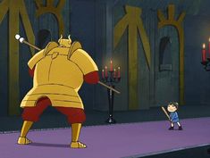 a cartoon character holding a baseball bat in front of another character with candles on the ground