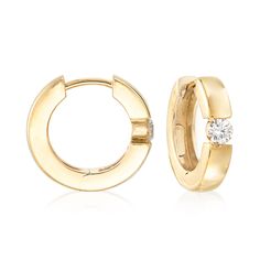 Ross-Simons - .25 ct. t. w. Diamond Hoop Earrings in 14kt Yellow Gold. 1/2". All you need is a touch of sparkle. Our small 14kt yellow gold hoops present .25 ct. t. w. round brilliant-cut diamonds at each center for that just-right amount of glitter. Hanging length is 1/2". Hinged post, diamond hoop earrings. Diamond birthstones are the perfect gift for April birthdays. Diamond Hoop Earrings Small, Hoop Earrings Diamond, Diamond Pendent, Geometric Bracelet, Diamond Heart Ring, Diamond Birthstone, Fancy Rings, Gold Jewelry Simple, Diamond Cross Pendants