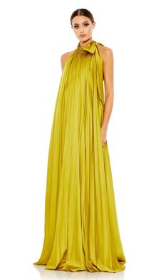 Long trapeze pleated formal dress with high neck and open back. Pleated Back A-line Dress For Gala, Pleated Back Evening Maxi Dress For Spring, Spring Gala A-line Pleated Dress, Flowy Pleated Evening Dress, High Neck Summer Gala Dress, High Neck Dresses For Summer Gala, High Neck Gala Dress For Summer, Spring Floor-length Pleated Evening Dress, Spring Silk Pleated Evening Dress