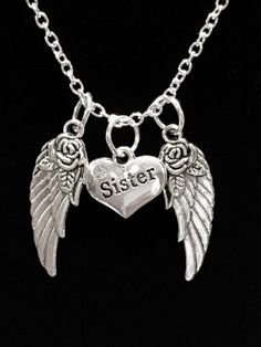 Sister Guardian Angel Wing, Heaven, In Memory Necklace Mother's Day Metal Charm Necklaces, Mother's Day Metal Charm Necklace Gift, Metal Charm Necklace For Mother's Day Anniversary, Metal Charm Necklace For Mother's Day Gift, Metal Charm Necklaces For Mother's Day Anniversary, Metal Charm Necklaces For Mother's Day Gift, Sterling Silver Charm Necklace For Best Friend, Nickel Free Pendant Charm Necklace For Best Friend, Engraved Silver Charm Necklace For Best Friend