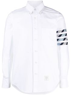 off-white light grey cotton check pattern classic collar front button fastening chest welt pocket logo patch to the front long sleeves buttoned cuffs curved hem rear curved hem signature 4-Bar stripe White Button-up Shirt With Striped Cuffs, White Shirt With Signature Stripes For Spring, White Dress Shirt With Striped Collar For Work, Spring White Shirt With Signature Stripes, Classic White Shirt With Signature Stripes, Classic Shirt With Striped Cuffs For Spring, Classic Spring Shirt With Striped Cuffs, White Cotton Dress Shirt With Striped Collar, Classic Button-up Shirt With Striped Cuffs