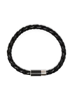 Black Carbon Pop bracelet from TATEOSSIAN featuring braided band, silver-tone hardware and clasp fastening. | Tateossian Carbon Pop bracelet Leather Wear, Black Braids, Bracelet Black, Brand Collection, Italian Leather, Rope Bracelet, Mens Bracelet, Bracelet Watch, Jewelry Watches