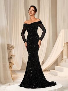 Off Shoulder Long Sleeve Sequin Mermaid Hem Formal Party Long Evening Gown Glittery Dress Black Elegant Prom Wedding Guest Dress, For Graduation, Dinner Black Elegant  Long Sleeve Sequins Plain,All Over Print Bodycon Slight Stretch Fall/Winter,Spring/Summer/Fall Weddings & Events, size features are:Bust: ,Length: ,Sleeve Length: Glittery Black Formal Dress, Black Prom Dress With Long Sleeves, Black Formal Dress Long Classy Sequin, Sequin Dress Formal, Black Dress Formal Long Sleeve, Black Prom Gown Long Sleeve, Prom Sleeve Dress, Long Sleeve Matric Dance Dresses, Gala Winter Dress