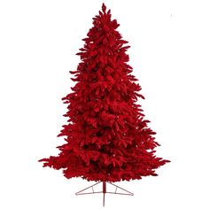 a red christmas tree on a stand against a white background